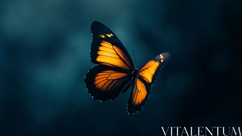 Monarch butterfly in sharp focus over deep teal blur.