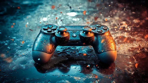 Game controller on wet reflective surface with sparks.
