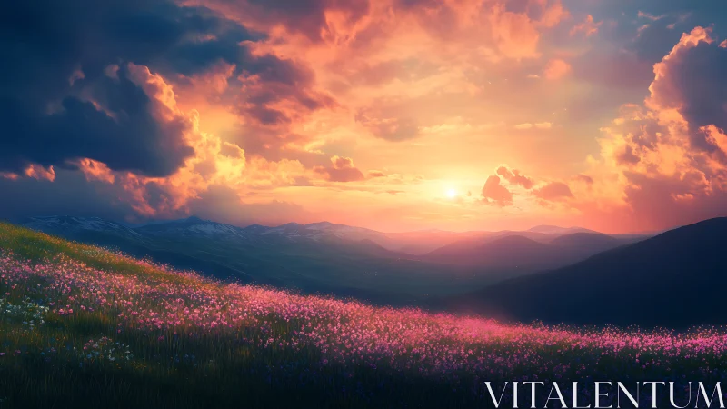 Sunlit mountain valley with dense foreground wildflower meadow