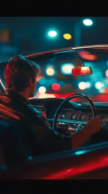 Driver steers classic convertible through neon city night