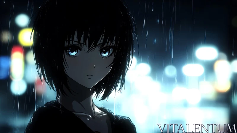 Blue-eyed girl confronts neon night rain-slicked city street.