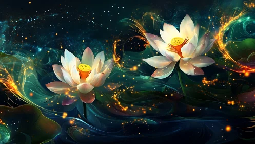 Luminous lotus blooms swirl through cosmic water currents.