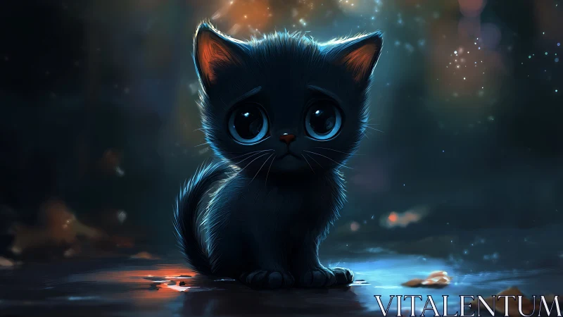 Luminous Black Cat with Glowing Blue Eyes in Ethereal Cosmic Environment