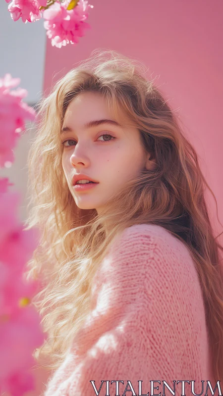 Soft blossom glow with a dreamy pink sweater portrait.