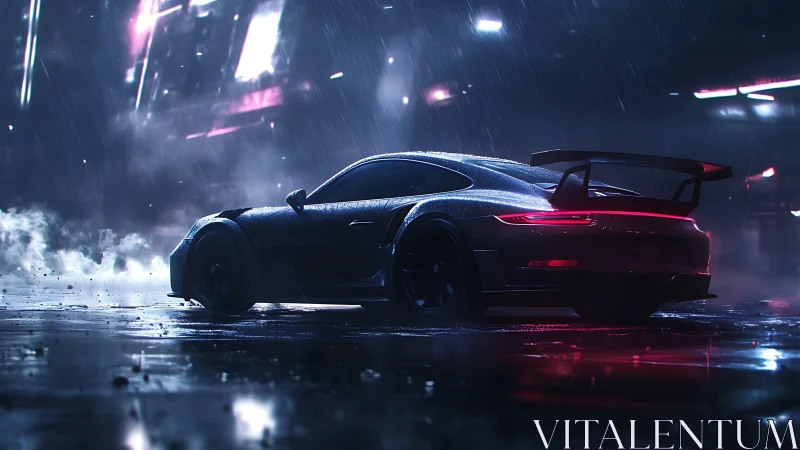 Sleek sports car glows against a neon soaked rainy night street