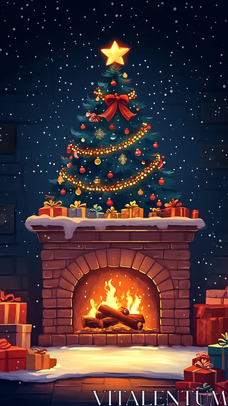 Star-topped hearthside Christmas tree in storybook glow.