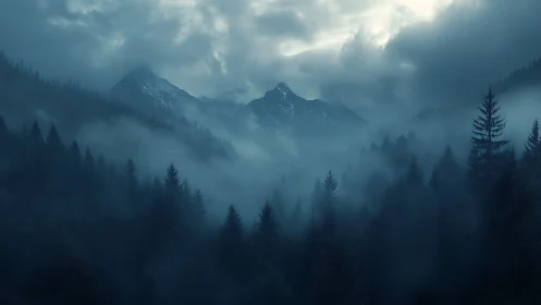 Moody fir forest swallowed by brooding, misty mountain hush.