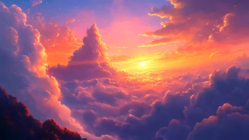 Radiant sunset ignites towering dreamlike cloud oceanscape.