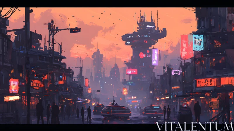 Cyberpunk city street under neon dusk sky at rush hour.