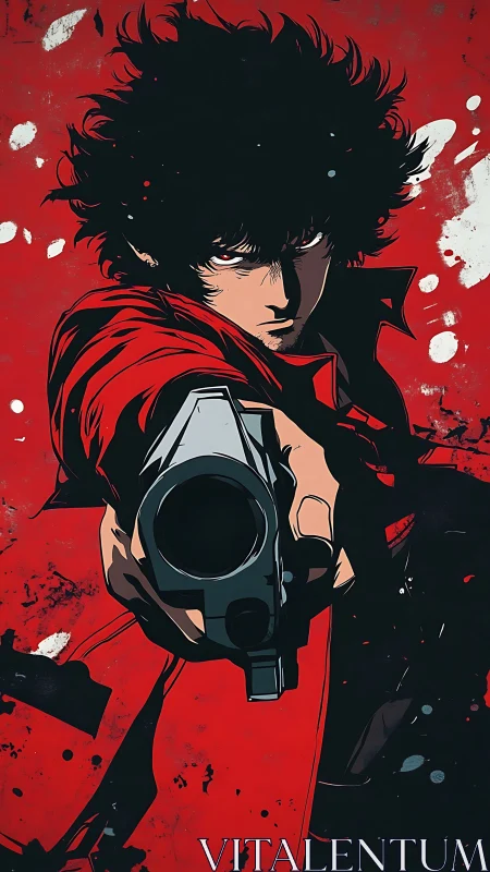 Dynamic close-range gunman in high-contrast cel-shaded red composition