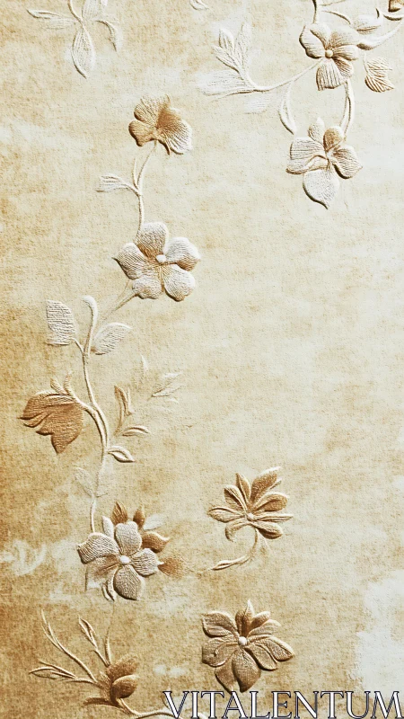 Embossed floral vines on textured beige ornamental surface.