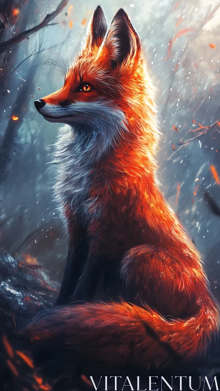 Luminous ember fox amid misty forest firelit atmosphere.