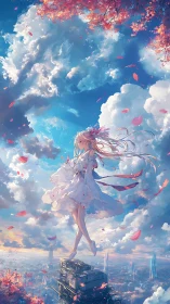 Skybound girl drifts above a luminous city at sunset