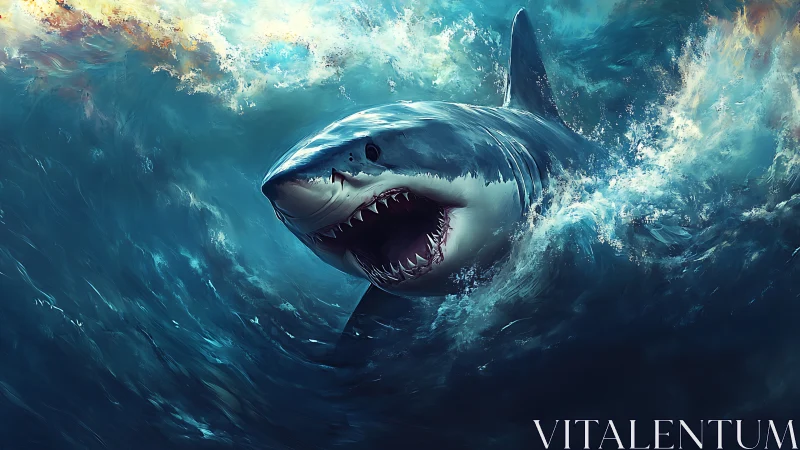 Ferocious great white shark erupting through stormy seas.