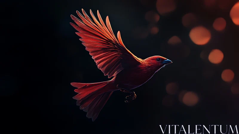 Scarlet bird in mid-flight rendered with cinematic rim lighting