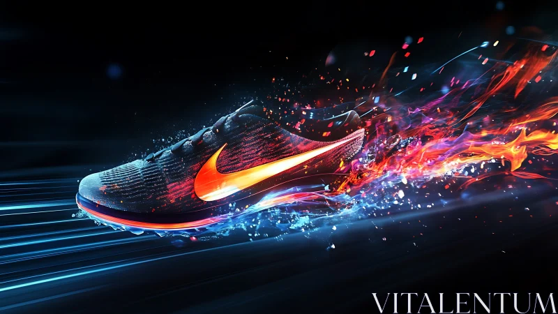Flaming neon running shoe rockets through electric night trail.
