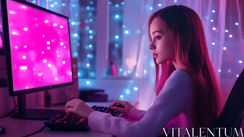 Side-lit gamer at RGB desktop in saturated magenta-blue bokeh