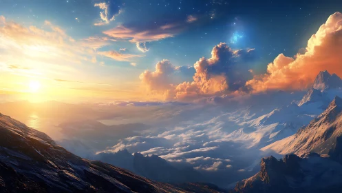 Celestial sunrise spills over snowcapped alien peaks.