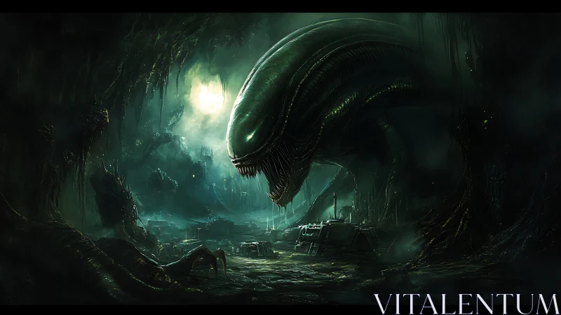 Colossal alien predator towers over flooded biomech ruin