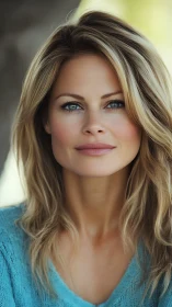 Calm turquoise gaze beneath sunlit, windswept blonde hair.