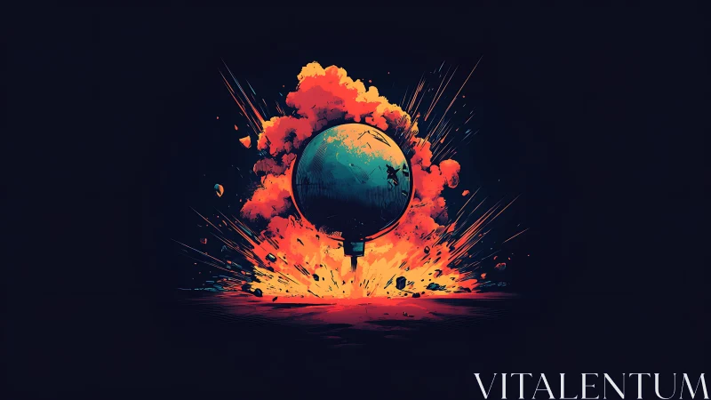 Spherical device is depicted amid a stylized explosive blast