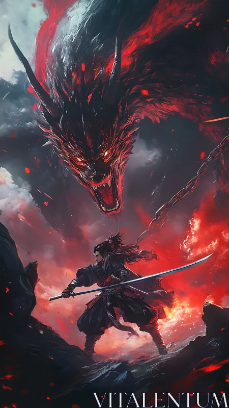 Lone warrior confronts a blazing shadow dragon in swirling fire.