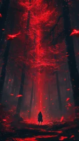 Lone figure confronts radiant red rift in spectral forest.
