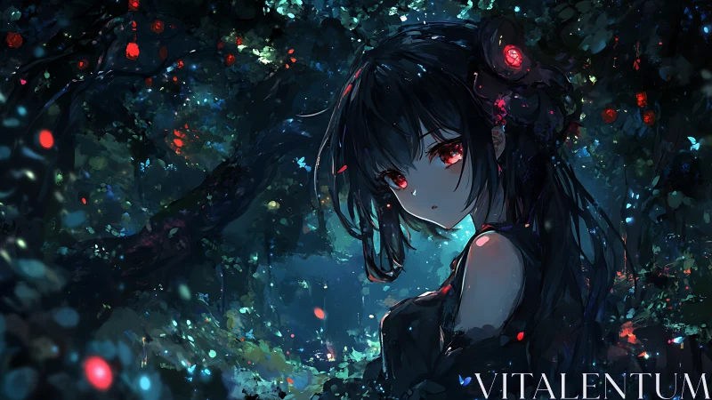 Mysterious forest girl glowing softly in moonlit colors.
