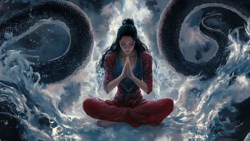 Serpent tide guardian in stormlit meditation circle.