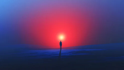 Solitary figure against neon horizon at surreal sunrise.
