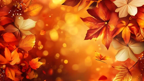Autumn leaves float across warm orange bokeh background
