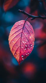 Macro autumn leaf with dewdrops in shallow depth of field.