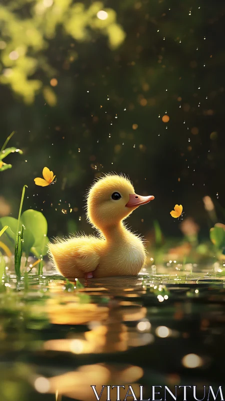 Cute yellow duckling in pond with butterflies at sunset.