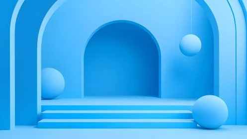 Cool blue archway stage with wandering minimalist spheres.