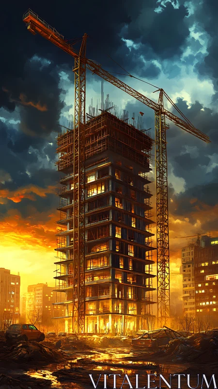 Burning Construction Site at Dusk