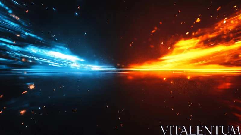 Dynamic clash of blue and orange energy in futuristic digital style.