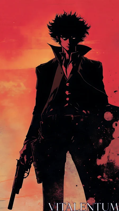 Silhouette gunslinger stares down dusk in burning scarlet haze