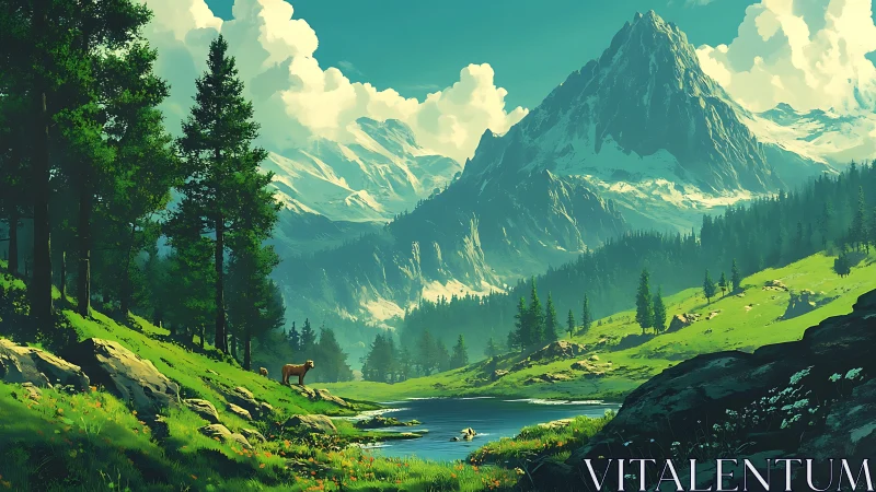 Mountain valley landscape shows river, forest, and grazing animal