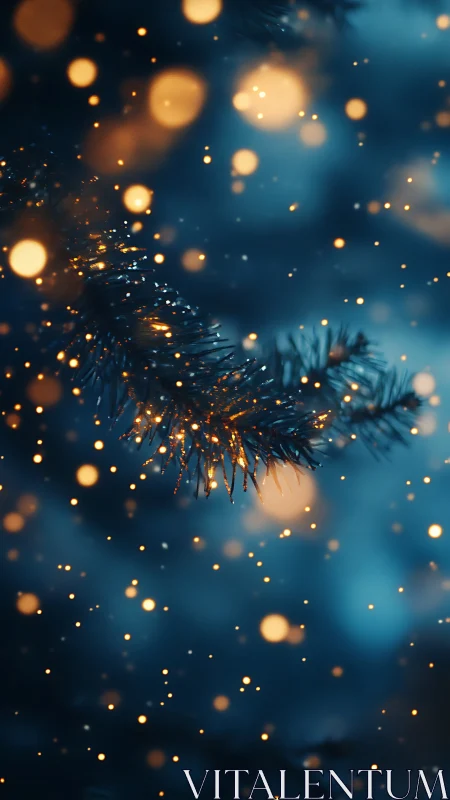 Pine branch closeup with warm bokeh lights and falling snow.
