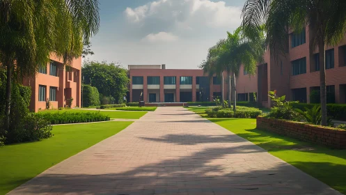 Modern brick academic campus with palm-lined central walkway.