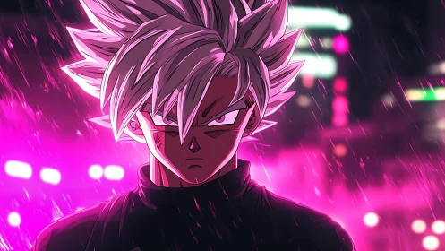 Neon backlit anime warrior rendered in high-contrast cyber-noir