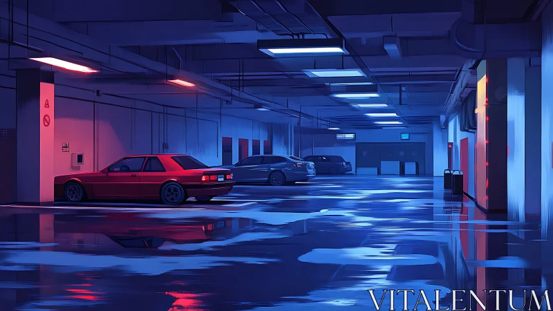 Neon-lit underground garage shows parked cars and wet floor