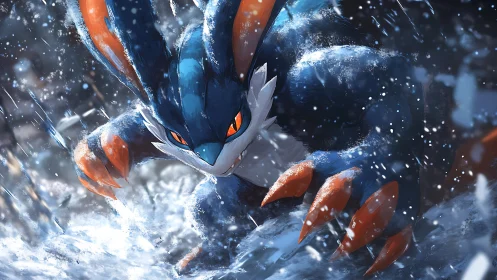 Blue creature with orange claws advancing through snowstorm.