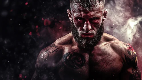 Scorched ring warrior glaring through storm-torn shadows.