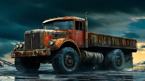 Rust crowned titan truck waits beneath brewing arctic storm