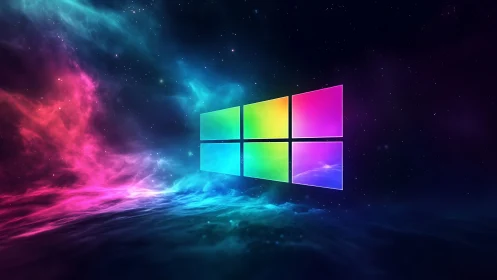 Multicolor window logo over nebula styled cosmic field.