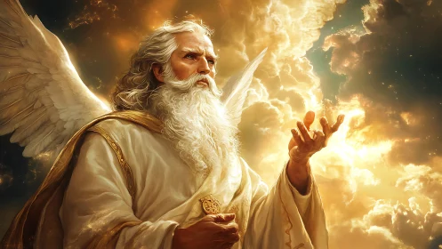 Luminous winged patriarch amid volumetric golden nebulae.