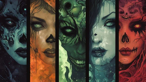 Elemental undead portraits merge horror color spectrums.