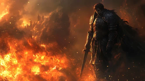 Ember crowned knight brooding over a collapsing kingdom.