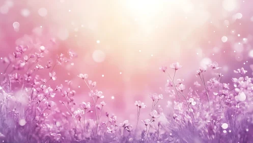 Soft-focus floral field with pink and purple blooms, bokeh backdrop
